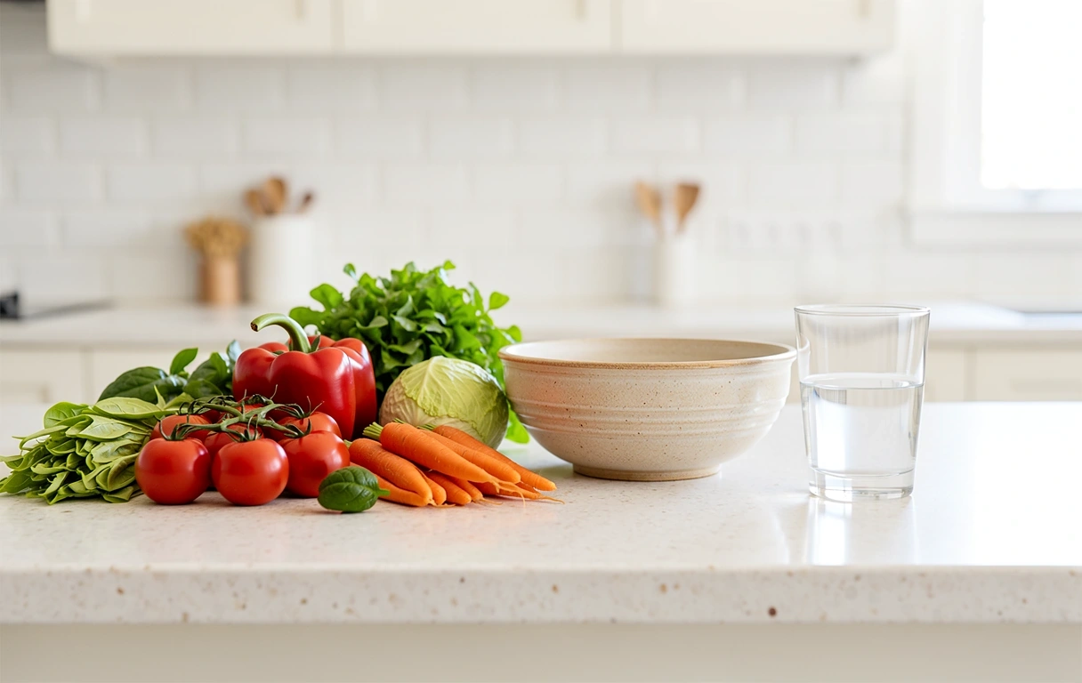 Fresh organic produce on a clean surface